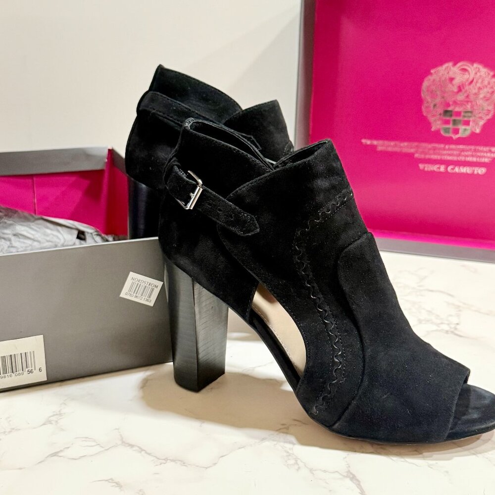 Vince Camuto Women’s | Conley Buckle Open Toe Booties | Size 8.5M | Black Suede
